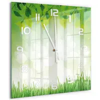Tulup Wandklok - Bladeren en gras Wandklok Glas Met Motief - 60x60 cm - Groente Decoratieve Glazen Klok - Witte handen - Vierkante Klok - Gekleurde Glazen Klok - Glazen Klok Met Print