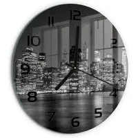 Tulup Wandklok - Manhattan 's nachts Glazen Wandklok Design - fi30 cm - Zwart-wit Klok Glas Met Opdruk - Zwarte handen - Ronde Klok - Wandklok Glas Met Motief - Decoratieve Glazen Klok