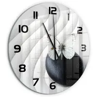 Tulup Wandklok - Zensteen en vlinder Decoratieve Glazen Klok - fi60 cm - Wit Glazen Wandklok Design - Zwarte handen - Ronde Klok - Glazen Klok Met Print - Wandklok Glas Met Motief