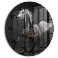 Tulup Wandklok - Grijze Arabische Paard Glazen Wandklok Design - fi60 cm - Zwart Klok Glas Met Opdruk - Zwarte handen - Ronde Klok - Wandklok Glas Met Motief - Decoratieve Glazen Klok