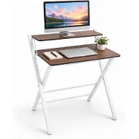 Relaxdays bureau, monitorhouder, inklapbaar, hoogte x breedte x diepte: 82 x 70 x 56 cm, MDF, metaal, inklapbaar bureau, bruin/wit