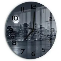 Tulup Wandklok - New York 's nachts Moderne Wandklok Glas - fi30 cm - Zwart-wit Wandklok Glas Decoratie - Zwarte handen - Ronde Klok - Glazen Wandklok Design - Klok Glas Met Opdruk