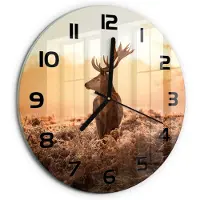 Tulup Wandklok - Zonsopgang boven de herten Wandklok Glas Met Motief - fi30 cm - Bruin Decoratieve Glazen Klok - Zwarte handen - Ronde Klok - Gekleurde Glazen Klok - Glazen Klok Met Print