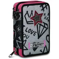 Seven Kleurrijke, extra grote etui voor schoolspullen, met 3 vakken, geschikt voor meisjes, en voorzien van pennen en potloden, ideaal voor de basisschool