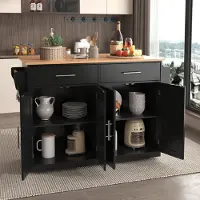 Sonstiges Keukeneiland met inklapbaar aanrechtblad, 120x46(70)x91 cm, zwart, met wielen en houten poten, 4 deuren, 2 lades