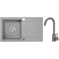 VBChome granieten spoelbak, 76 x 44 cm, grijs, met kraan, enkele spoelbak, inbouwspoelbak, omkeerbaar, gespikkeld. Onderhoudsvriendelijke spoelbak met sifon