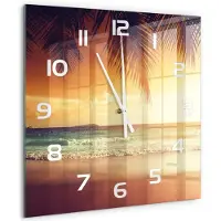 Tulup Wandklok - Tropisch strand Glazen Wandklok Design - 60x60 cm - Oranje Klok Glas Met Opdruk - Witte handen - Vierkante Klok - Wandklok Glas Met Motief - Decoratieve Glazen Klok