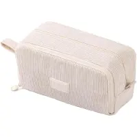 Merkloos Pennenzak ribfluweel, 3 vakken, handvat, beige, voor school