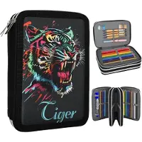 Merkloos Etui 57 vakken, zwart, tijgerdesign, vierkant, voor school