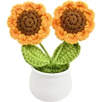 Merkloos Gehaakte bloemen in pot, 10x12 cm, dubbele zonnebloemen, melkkatoen, voor thuis