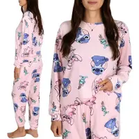 Sarcia.eu DISNEY Stitch en Angel Dames, roze pyjama met lange mouwen, VELOURS, tweedelige SLAAPSET XS