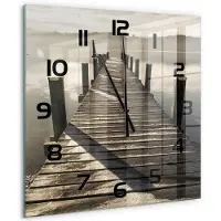 Tulup Wandklok - Houten brug Klok Glas Met Opdruk - 60x60 cm - Bruin Moderne Wandklok Glas - Zwarte handen - Vierkante Klok - Decoratieve Glazen Klok - Glazen Wandklok Design