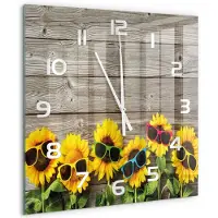 Tulup Wandklok - Zonnebloemen Glazen Wandklok Design - 60x60 cm - Geel Klok Glas Met Opdruk - Witte handen - Vierkante Klok - Wandklok Glas Met Motief - Decoratieve Glazen Klok