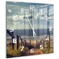 Tulup Wandklok - De weg naar het strand Gekleurde Glazen Klok - 60x60 cm - Blauw Glazen Klok Met Print - Witte handen - Vierkante Klok - Moderne Wandklok Glas - Wandklok Glas Decoratie