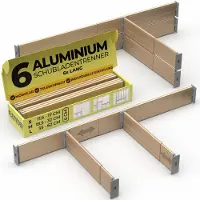Famanu - Aluminium ladeverdelers, uittrekbare ladeverdelers, 6 cm hoog, 6-delige set voor keuken, badkamer en kantoor in goud