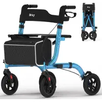 Brixy Rollator - Lichtgewicht & Opvouwbaar - 360° Rubberen Wielen - Zitfunctie - Binnen & Buiten - Rugleuning, Tas & Wandelstokhouder - Blauw