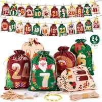 Sonstiges Adventskalender met 24 stoffen zakjes, rood, groen en beige, met LED-verlichting
