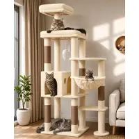 Merkloos Kratzboom Kratzbaum Beige XL, groot krabboom, hoogte 167 cm, grote plateau, beklede zitstok, kattenhuis, mand, pluchen speeltje, stabiel
