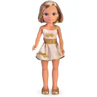 Nancy , exclusieve gouden pop, kort blond haar, glanzende ogen, witte jurk