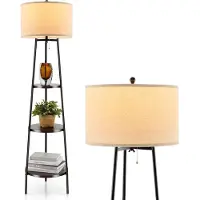Costway Vloerlamp met 3 houten planken, draagvermogen tot 15 kg, vloerlamp met linnen lampenkap, staande lamp, afmetingen 41x41x153 cm