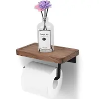 Unyqoos Famanu toiletrolhouder met houten plank – voor wandmontage – zelfklevend of met schroeven – 20 cm breed x 20 cm diep – walnootkleur – zwart