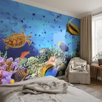 Coloray Vliesbehang - Blauw Snellijm Behang - 152x104 cm - Koraalrif Muurschildering - Slaapkamer behang Dieren - Fotobehang Vlies - Slaapkamer behang