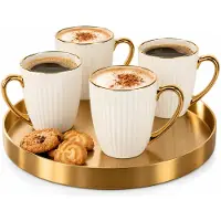 Excellent houseware Koffiemok / theemok Fancy - 4x - wit - 340 ml - mokken - kerammiek - tas