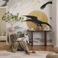 Coloray Vliesbehang - Zwart-Wit Snellijm Behang - 416x254 cm - Zwarte Kraanvogels Fotobehang Vlies - Woonkamer behang Deel - Muurschildering - Woonkamer behang
