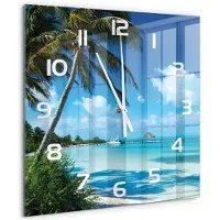Tulup Wandklok - Tropisch strand Moderne Wandklok Glas - 60x60 cm - Blauw Wandklok Glas Decoratie - Witte handen - Vierkante Klok - Glazen Wandklok Design - Klok Glas Met Opdruk