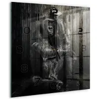 Tulup Wandklok - Gorilla Decoratieve Glazen Klok - 60x60 cm - Zwart Glazen Wandklok Design - Zwarte handen - Vierkante Klok - Glazen Klok Met Print - Wandklok Glas Met Motief