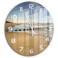 Tulup Wandklok - Strand aan de Oostzee Glazen Wandklok Design - fi60 cm - Blauw Klok Glas Met Opdruk - Witte handen - Ronde Klok - Wandklok Glas Met Motief - Decoratieve Glazen Klok