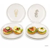 MamboCat 6-delige set OCEAN taartschalen, elk 3x kreeft & 3x zeepaardjes van steengoed – 24325156