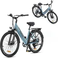 HillMiles MileCity 1 Elektrische fiets, lage instap 44cm, 26 inch stads e-bike voor volwassenen, 25km/u, Shimano 7 versnellingen, 36V13Ah accu, mechanische schijfrem, voorvorkvering, Blauw