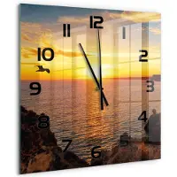 Tulup Wandklok - Zonsondergang Zee Glazen Wandklok Design - 60x60 cm - Geel Klok Glas Met Opdruk - Zwarte handen - Vierkante Klok - Wandklok Glas Met Motief - Decoratieve Glazen Klok
