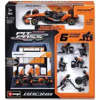 Bburago Voiture Pit-Stop avec véhicule + figurines mécaniciens + paddock + accessoires McLaren 2025 pilote #Norris
