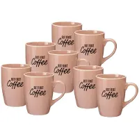 Excellent houseware Siaki koffie kopjes Barista Cafe - 8x stuks - oudroze - 340 ml - mokken - keramiek - 10 cm - met koffie thema teksten