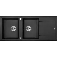 Laveo BADLAND Spoelbak, granietspoelbak, dubbele spoelbak, MEGALO 50x116, zwart, met lange afvoerplaat | Inclusief sifon!