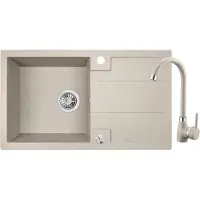 Laveo BADLAND Spoelbak SET: Spoelbakarmatuur en granieten spoelbak. Enkele spoelbak, model BARBADOS, 44x76 cm, beige, met een groot afdruipgedeelte. Inclusief sifon!