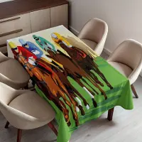 Abakuhaus Paard Tafelkleed, Levendige Kleurrijke Wedstrijdscène met Jockeys en Racepaarden Retro Kunstwerk, Rechthoekig Tafelkleed voor Eetkamer Keukendecoratie, 150 x 220 cm, Groen Bruin