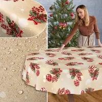 ANRO Tafelkleed Kerstballen Beige Ovaal 260x140cm Rechte rand Afwasbaar Waterafstotend