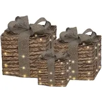 Kaemingk Warm wit 65 Micro-LED Set van 3 cadeaudozen jute met strik bruin Lumineo