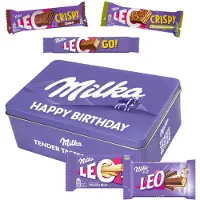 Milka LEO Mix Collection Box 646g - "Happy Birthday" - 18 stuks - LEO White, Melk, GO!, Crispy Choco & Crispy Hazelnut - verjaardagscadeau