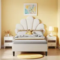 Rosahqnda Gestoffeerd kinderbed 90 x 200 cm, bedframe met bloemvormig hoofdeinde, eenpersoonsbed voor tienermeisjes, beige fluwelen stof