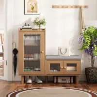 Rosahqnda Schoenenkast - schoenenbank met kussen - 3 deuren, 4 vakken - glazen kastdeuren - natuurlijke houtkleur - 100 x 35 x 90 cm