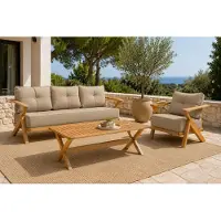 AEA Gartenlounge Set 3-Sitzer Sofa Sessel Beige Couchtisch Holz