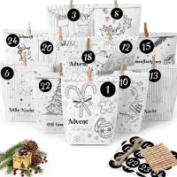 OEM Adventskalender om zelf te vullen - 24 papieren zakjes met 12 verschillende designs - DIY set inclusief cijferstickers, houten klemmetjes en touw