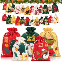 OEM Adventskalender om zelf te vullen - 24 stoffen zakjes in 2 maten, met houten klemmetjes en hemp touw - DIY set voor kinderen en volwassenen