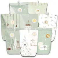 OEM Zelfmaak adventskalender - 28 papieren zakjes met een kerstmotief, cijferstickers, houten klemmetjes en lint