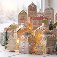 OEM Adventskalender om zelf te vullen - 24 huisjes in 3 verschillende maten, met LED-lichtslinger, jutesnoer en houten decoraties - kerstdecoratie