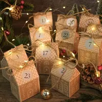 OEM Adventskalender om zelf te vullen - 24 kartonnen, zelf te bouwen peperkoekhuisjes - Inclusief stickers en jute touw